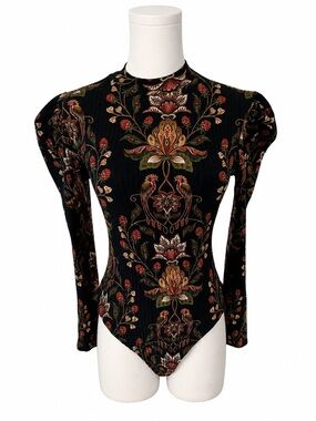 Farm Rio “Berry Garden” Floral Printed Long-Sleeve Bodysuit - Black